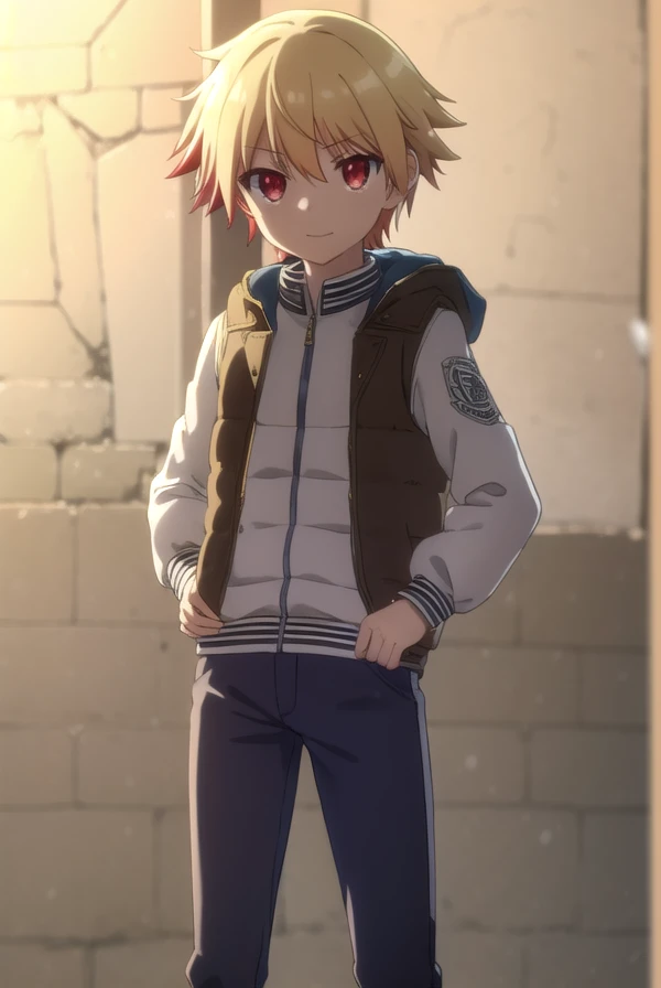 gilgamesh, <lora:kogilgamesh s2s3-lora-nochekaiser:1>,
kogilgamesh, blonde hair, (red eyes:1.3), male focus, male child, child, smile,
BREAK jacket, shoes, pants, hood, hoodie, sneakers, brown pants, letterman jacket,
BREAK outdoors, snow,
BREAK looking at viewer, (cowboy shot:1.5), dynamic pose,
BREAK <lyco:GoodHands-beta2:1>, (masterpiece:1.2), best quality, high resolution, unity 8k wallpaper, (illustration:0.8), (beautiful detailed eyes:1.6), extremely detailed face, perfect lighting, extremely detailed CG, (perfect hands, perfect anatomy),