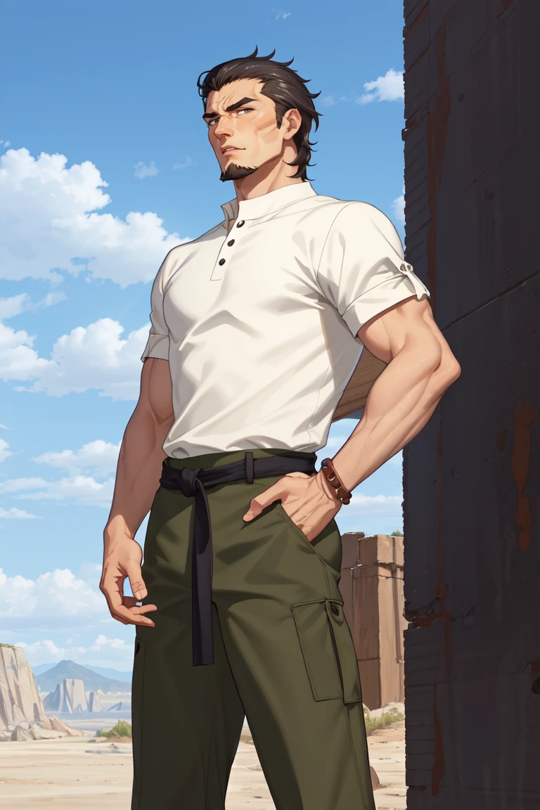 (1 image only), solo male, Kaburagi, Deca Dence, greying black hair, slicked back hair, thick eyebrows, sideburns, goatee, green eyes, scar, tucked-in wide necked short-sleeved pure white shirt, sleeves tucked up and buttoned, short sleeves, olive wide worker pants, black belt tied, brown boots. simplpe leather bracelet, toned male, mature, handsome, charming, alluring, standing, hand on waist, perfect anatomy, perfect proportions, best quality, masterpiece, high_resolution, dutch angle, outdoors, day, blue sky, science fiction, citadel on sky, photo background, better_hands, (perfect hand, perfect fingers:1.4)<lora:EMS-309283-EMS:0.700000>