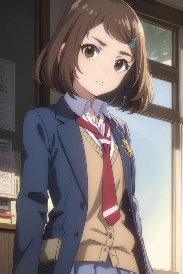 kanakoumoto, <lora:kana koumoto movie2-lora-nochekaiser:1>,
kana koumoto, short hair, brown hair, hair ornament, (brown eyes:1.5), hairclip,
BREAK skirt, school uniform, pleated skirt, necktie, miniskirt, cardigan, red necktie, brown cardigan, blazer, blue blazer,
BREAK indoors, classroom,
BREAK looking at viewer, (cowboy shot:1.5), dynamic pose,
BREAK <lyco:GoodHands-beta2:1>, (masterpiece:1.2), best quality, high resolution, unity 8k wallpaper, (illustration:0.8), (beautiful detailed eyes:1.6), extremely detailed face, perfect lighting, extremely detailed CG, (perfect hands, perfect anatomy),