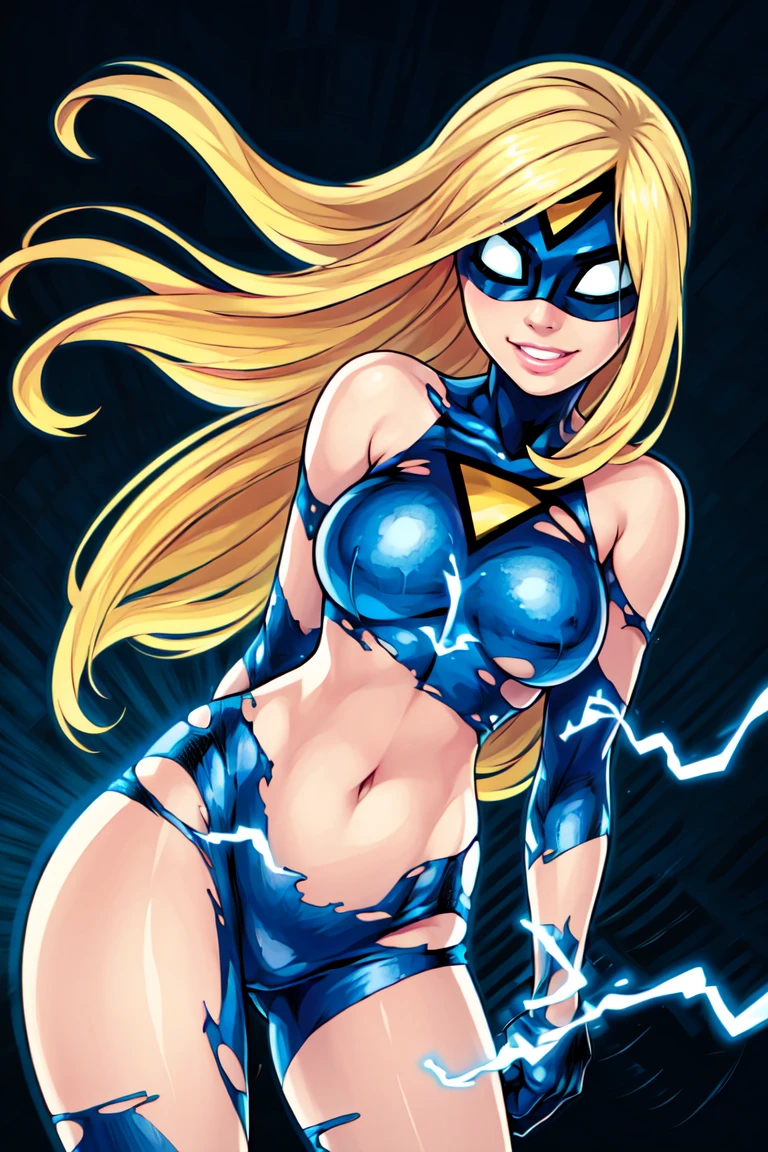 ((masterpiece,best quality)), absurdres, <lora:Empowered:0.8>, Empowered, smile,  long hair, gloves, lips, bodysuit, mask, blue background, blue gloves, domino mask, torn clothes,  clenched hand, clenched hands, toned, taut clothes, electricity, superhero, cowboy shot,