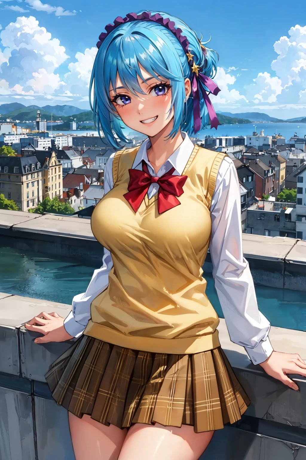 masterpiece, best quality, <lora:kuronokurumu-nvwls-v1-000009:0.9 > kurono kurumu, hairband, hair ornament, yellow sweater vest, red bowtie, white shirt, long sleeves, plaid skirt, large breasts, looking at viewer, grin, blue sky, cityscape