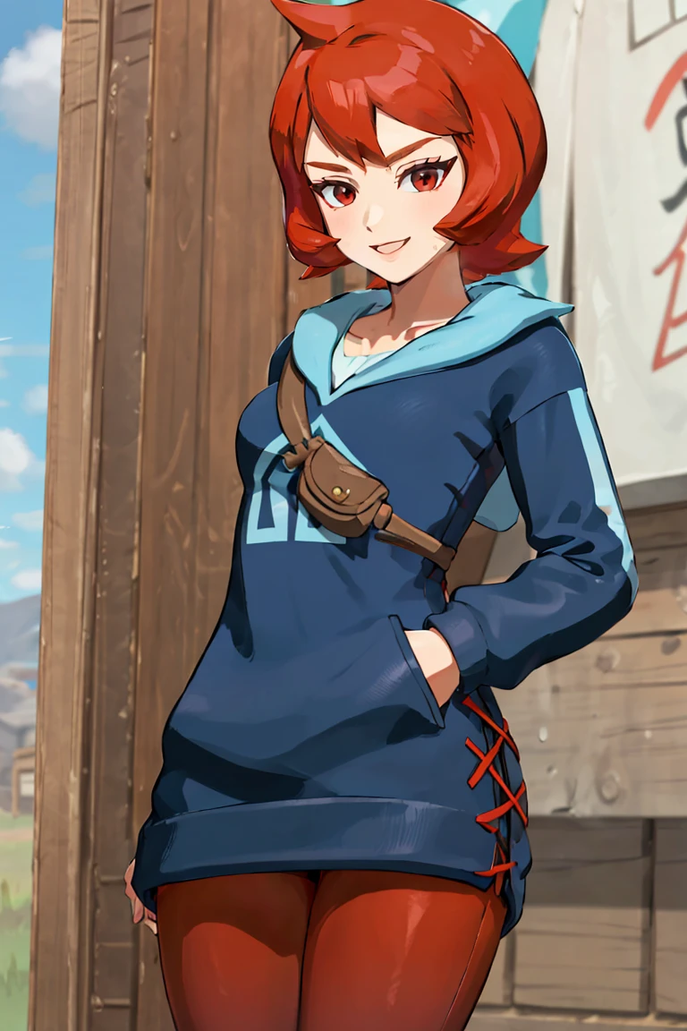 <lora:botw_style_offset:0.8>,((masterpiece,best quality)), absurdres, <lora:Arezu_Pokemon:0.8>, Arezu_Pokemon, solo, 1girl, red hair, cowlick, red eyes, blue hoodie, hood, red pantyhose, gradient legwear, solo, smiling, looking at viewer, cowboy shot