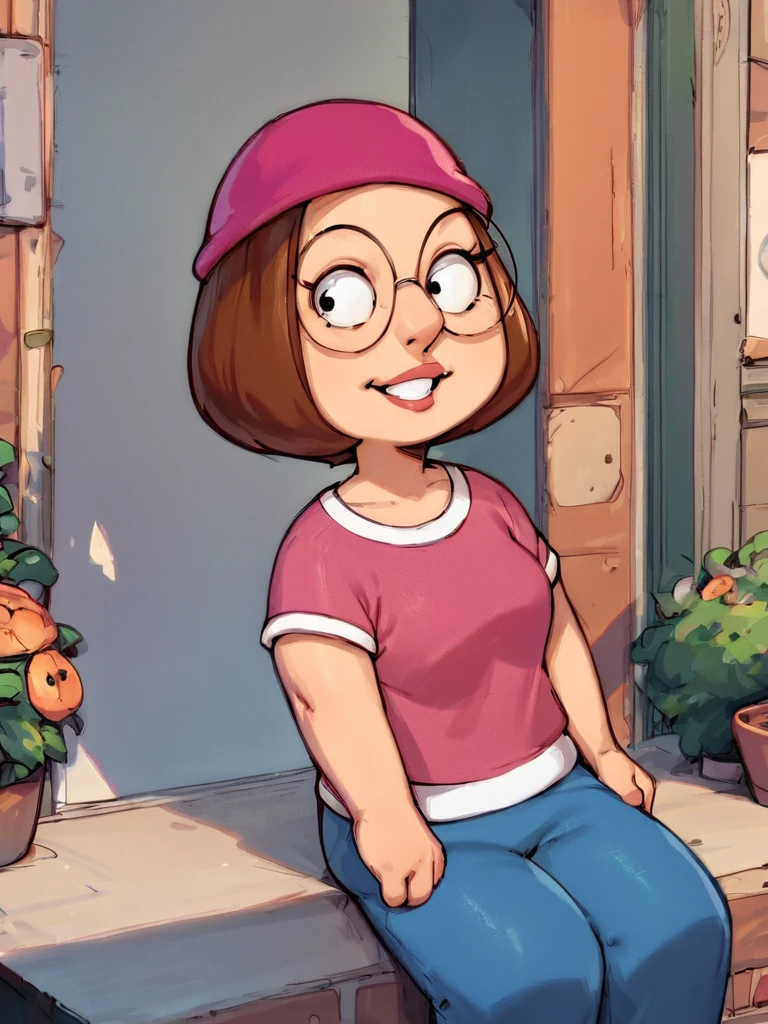 score_9_up,score_8_up,score_6,score_5,score_4, meg, 1girl, glasses,brown hair, solo, short hair, beanie, shirt, pink shirt, pants, round eyewear,looking at viewer, smile, toon \(style\), <lora:megSDLXpony:1>
