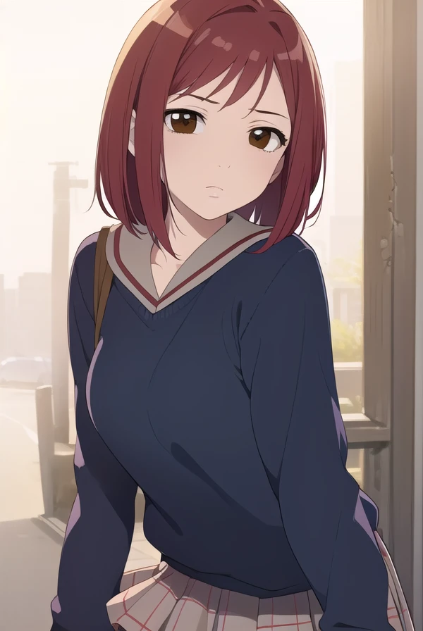 mamimisamejima, <lora:mamimi samejima ova1-lora-nochekaiser:1>,
mamimi samejima, short hair, (brown eyes:1.5), red hair,
BREAK skirt, school uniform, serafuku, sweater, plaid, plaid skirt, long sleeves,
BREAK outdoors,
BREAK looking at viewer, (cowboy shot:1.5), dynamic pose,
BREAK <lyco:GoodHands-beta2:1>, (masterpiece:1.2), best quality, high resolution, unity 8k wallpaper, (illustration:0.8), (beautiful detailed eyes:1.6), extremely detailed face, perfect lighting, extremely detailed CG, (perfect hands, perfect anatomy),