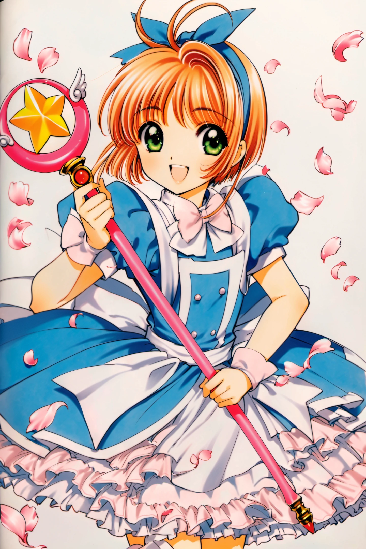 1girl, kinomoto sakura, dress, 1990s (style), blue dress, retro artstyle, puffy sleeves, green eyes, open mouth, solo, bow, holding, short sleeves, puffy short sleeves, brown hair, petals, fuuin no tsue, smile, short hair, apron, looking at viewer, frills, :d, blue bow, antenna hair, hair bow, white background, bangs, white bow, hairband, petticoat, frilled dress, white apron, simple background, magical girl, wand, frilled apron, cowboy shot, blue hairband, female child, holding wand, traditional media,<lora:Card Captor Sakura_XL:0.8>,