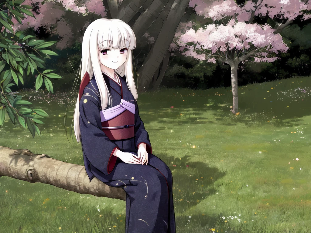 <lora:Rindou:0.8>,  Rindou, 1girl, japanese clothes, kimono, solo, tree, sitting, black kimono, sash, outdoors, obi, grass, smile, sandals, open mouth, nature, in tree, long sleeves, albino, :d,
masterpiece, high quality, very_high_resolution, large_filesize, full color,