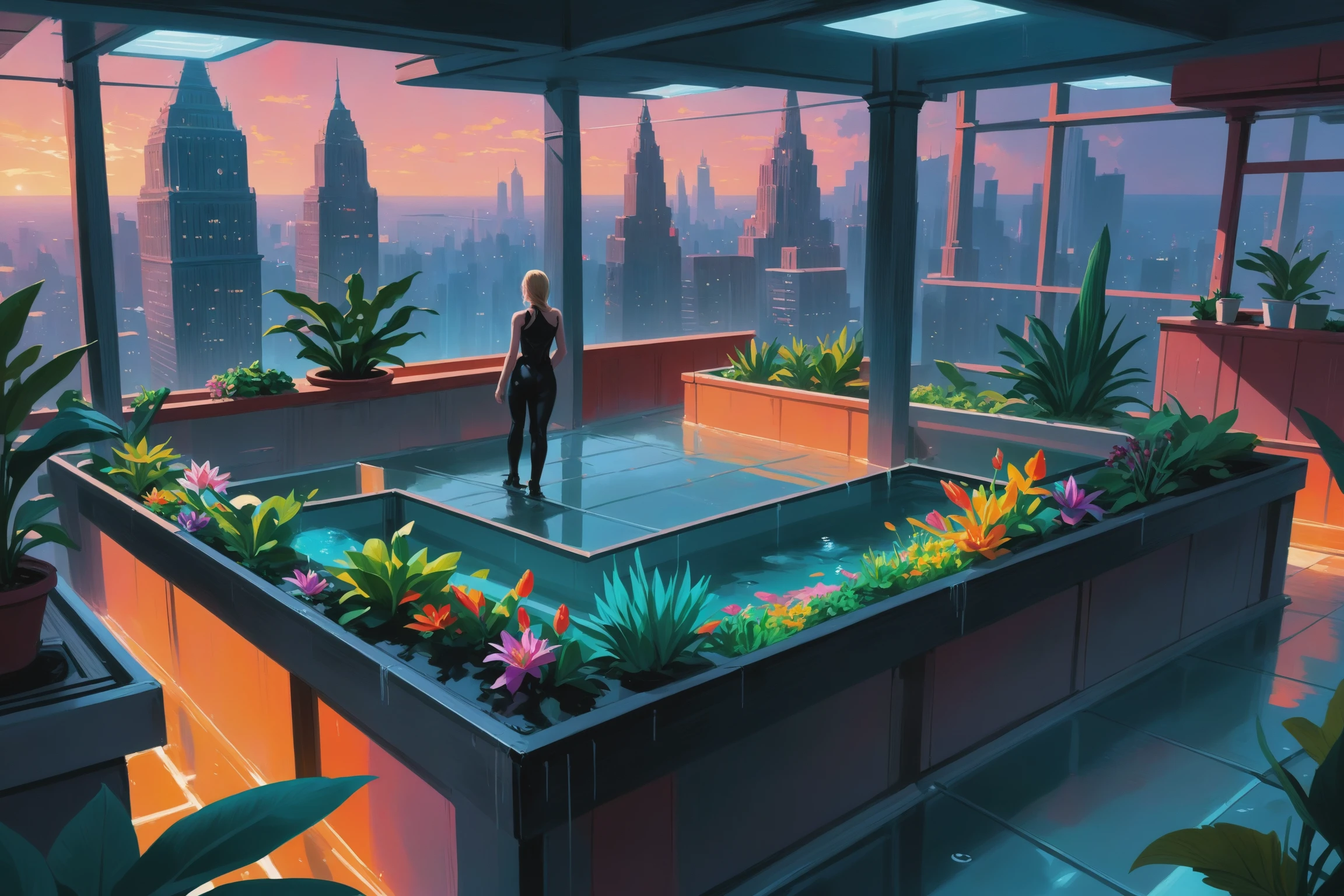 Rooftop garden in a drug den in a whimsical fantasy underwater megacity outside of reality, masterpiece