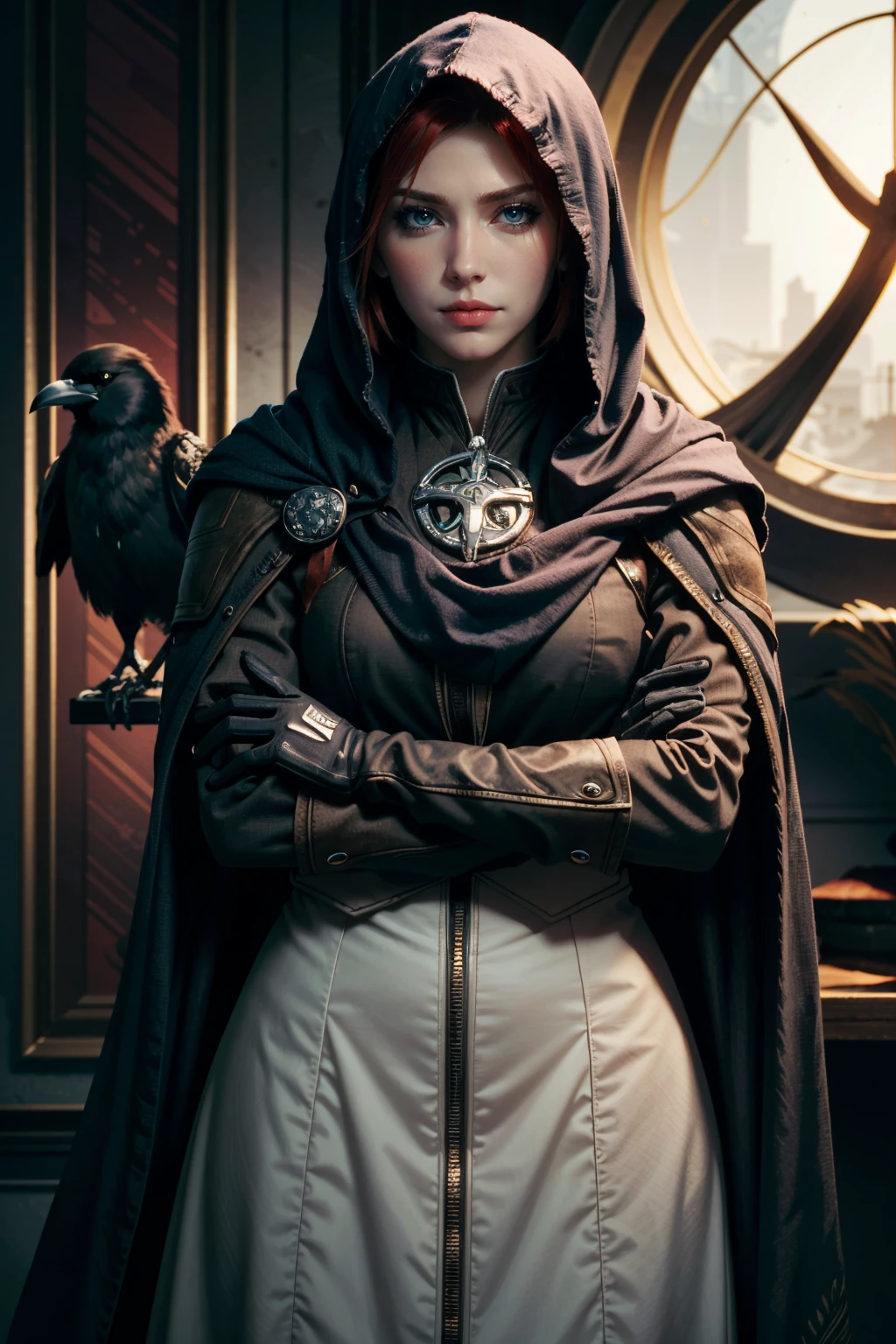 ((ultra detailed, masterpiece, absurdres))
 <lora:DALeliana:0.8>
daleliana, red hair, blue eyes, 1girl, solo, looking at viewer, gloves, hood, cape, lips, blood, bird, crossed arms, feathers, cloak, realistic, crow