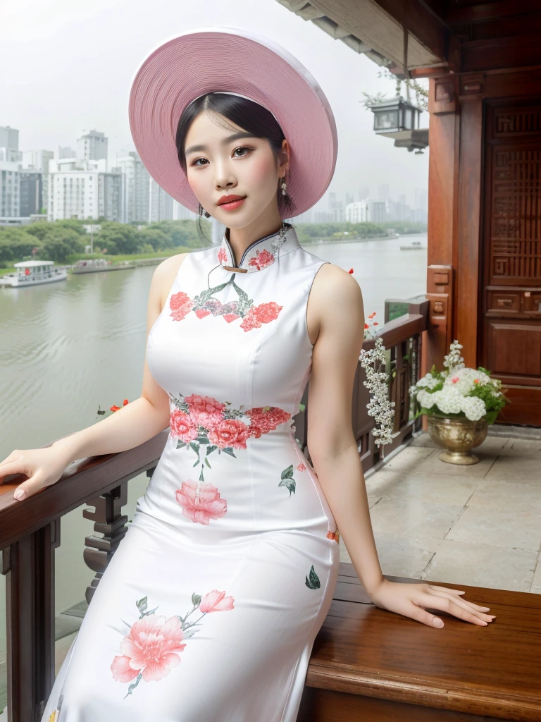 <lora:Vietnamese_disk_hat_SD15:0.8> d1sk_h4t, a beautiful voluptuous woman in a white sleeveless qipao, red hat, holding a flower,  sitting on a balcony overlooking  the pearl river delta