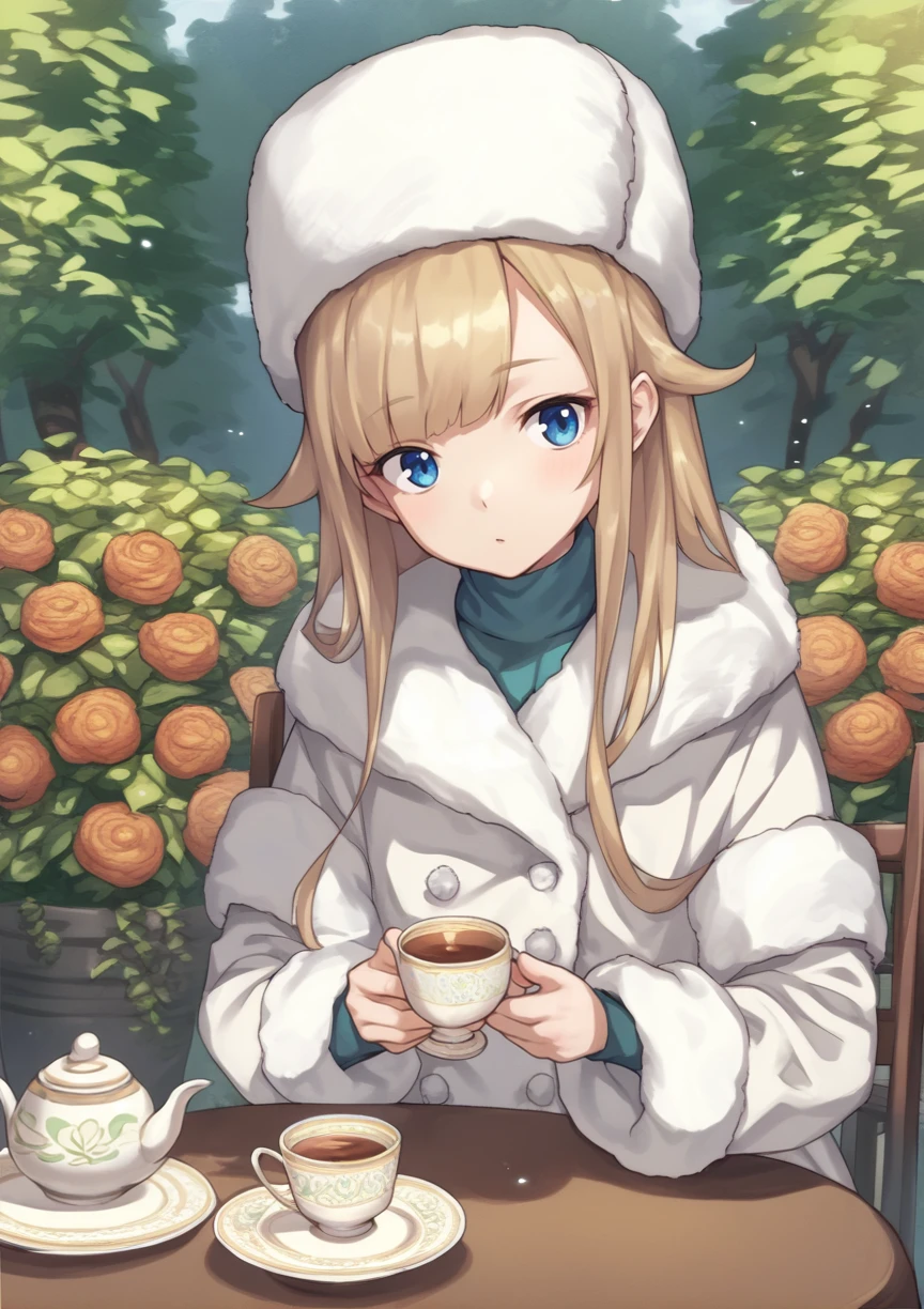 1girl, solo, long hair, blonde hair, bangs, messy hair, blue eyes, looking at the viewer, white dress, winter coat, fur hat, sitting, table, holding tea cup, cowboy shot, upper body, outdoors, garden   <lora:Princess AP v2:1>, score_9, score_8_up, score_7_up, score_6_up, score_5_up, score_4_up, BREAK source_anime, masterpiece