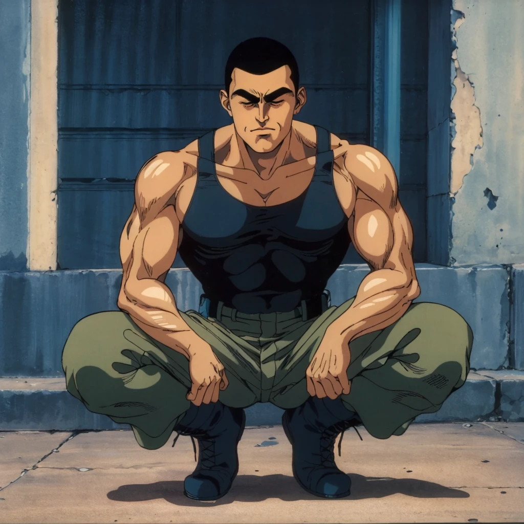 <lora:FuzeYuji001:0.7>,
retro artstyle,1980s (style),
FuzeYuji,1man,black hair,buzz cut,thick eyebrows,closed eyes,
tank_top,
pants,boots,
full body,squatting,