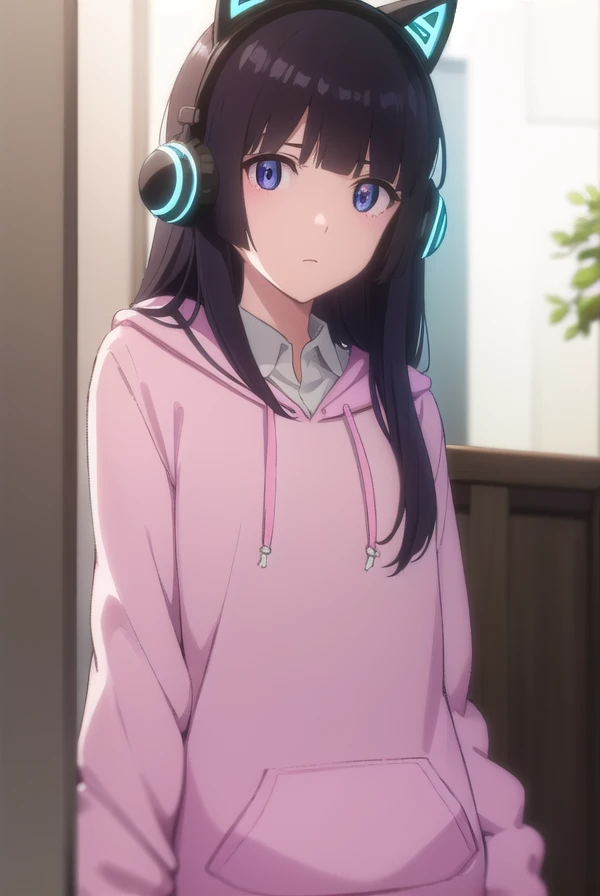 hidomihibajiri, <lora:hidomi hibajiri movie1-lora-nochekaiser:1>,
hidomi hibajiri, long hair, bangs, black hair, (purple eyes:1.1), blunt bangs,
BREAK shirt, animal ears, white shirt, collared shirt, hood, hoodie, fake animal ears, headphones, hood down, animal ear headphones, cat ear headphones, pink hoodie,
BREAK indoors,
BREAK looking at viewer, (cowboy shot:1.5), dynamic pose,
BREAK <lyco:GoodHands-beta2:1>, (masterpiece:1.2), best quality, high resolution, unity 8k wallpaper, (illustration:0.8), (beautiful detailed eyes:1.6), extremely detailed face, perfect lighting, extremely detailed CG, (perfect hands, perfect anatomy),