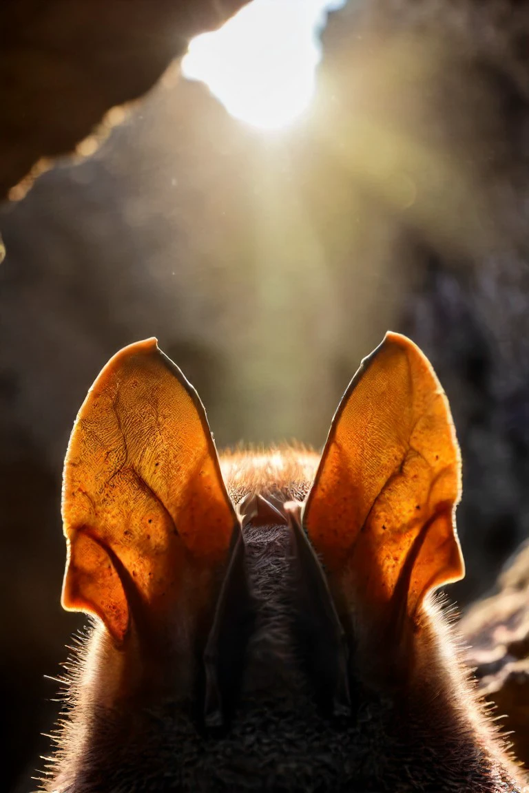 a photo shot in the point of view from the back of a a bat's head cute ears close-up on the lower side of the shot, the background is a cave upside-down, sun rays <lora:HeadPOV_from_behind_vk1-000018:0.85>, natural lighting, 4k, high quality, Fujifilm XT3