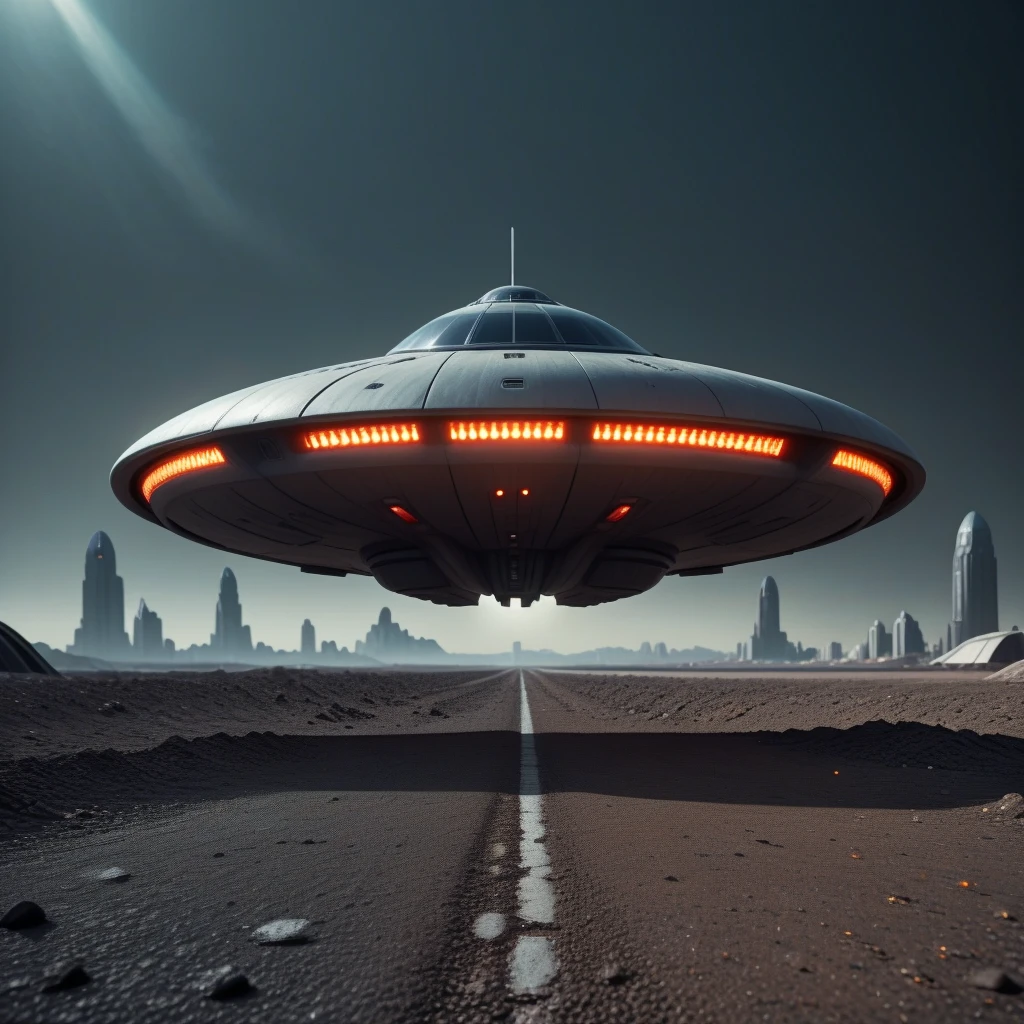 photo focus on ufo  <lora:UFOMaker_SD:1> raw, spaceship|spaceship:ufo, on ground , plasma engines, (cyberpunk ruined city:1.1), after rain, sunrise, cinematic  blue atmosphere dark morning, red orange theme
, film, professional, 4k, highly detailed