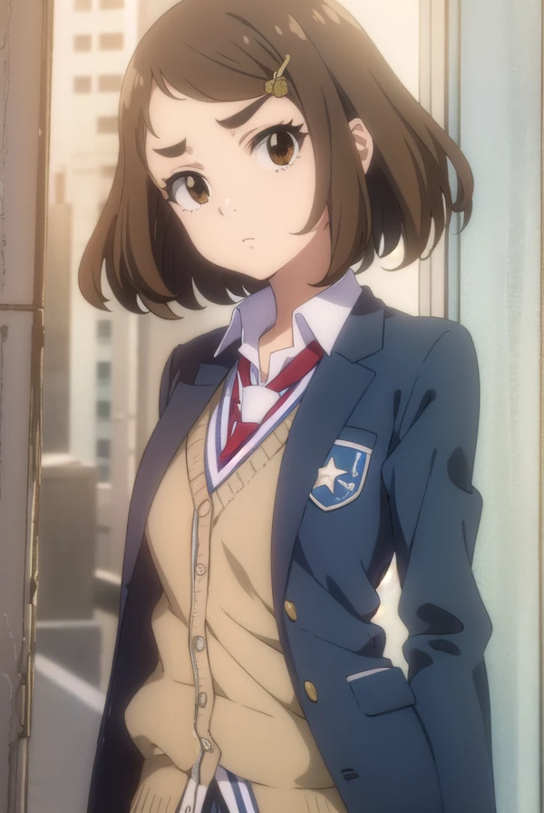 kanakoumoto, <lora:kana koumoto movie2-lora-nochekaiser:1>,
kana koumoto, short hair, brown hair, hair ornament, (brown eyes:1.5), hairclip,
BREAK skirt, school uniform, pleated skirt, necktie, miniskirt, cardigan, red necktie, brown cardigan, blazer, blue blazer,
BREAK indoors, classroom,
BREAK looking at viewer, (cowboy shot:1.5), dynamic pose,
BREAK <lyco:GoodHands-beta2:1>, (masterpiece:1.2), best quality, high resolution, unity 8k wallpaper, (illustration:0.8), (beautiful detailed eyes:1.6), extremely detailed face, perfect lighting, extremely detailed CG, (perfect hands, perfect anatomy),