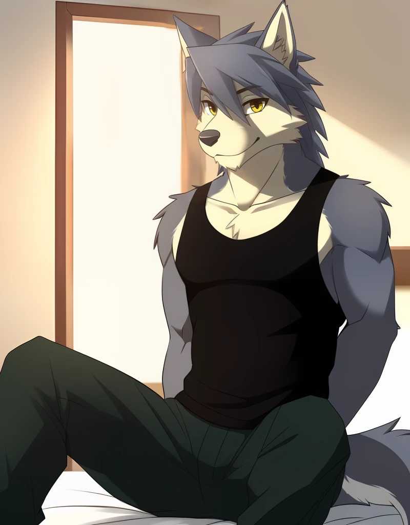 (((detailed eyes, detailed face))), (furry, kouya <lora:character_kouya_findigo_v1:0.9>, two-tone fur, grey hair, wolf boy, snout, yellow eyes), male, (solo), (plump), (black tank top, sleeveless, green pants), sitting, (arms behind back), smile, (front view) BREAK (konzaburou, ukan_muri, cute), bedroom, (flat shading, high brightness), 8k, UHD, masterpiece, (full body)