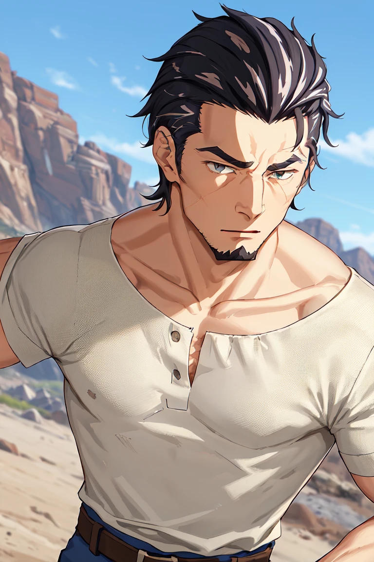 (1 image only), solo male, Kaburagi, Deca Dence, greying black hair, slicked back hair, thick eyebrows, sideburns, goatee, green eyes, scar, tucked-in wide necked short-sleeved white shirt, sleeves tucked up and buttoned, short sleeves, olive wide worker pants, black belt tied, brown boots. simplpe leather bracelet, toned male, mature, handsome, charming, alluring, (portrait, close-up), perfect anatomy, perfect proportions, best quality, masterpiece, high_resolution, dutch angle, outdoors, day, blue sky, science fiction, citadel on sky, photo background, (bare neck, collarbone:1.3)<lora:EMS-309283-EMS:0.800000>