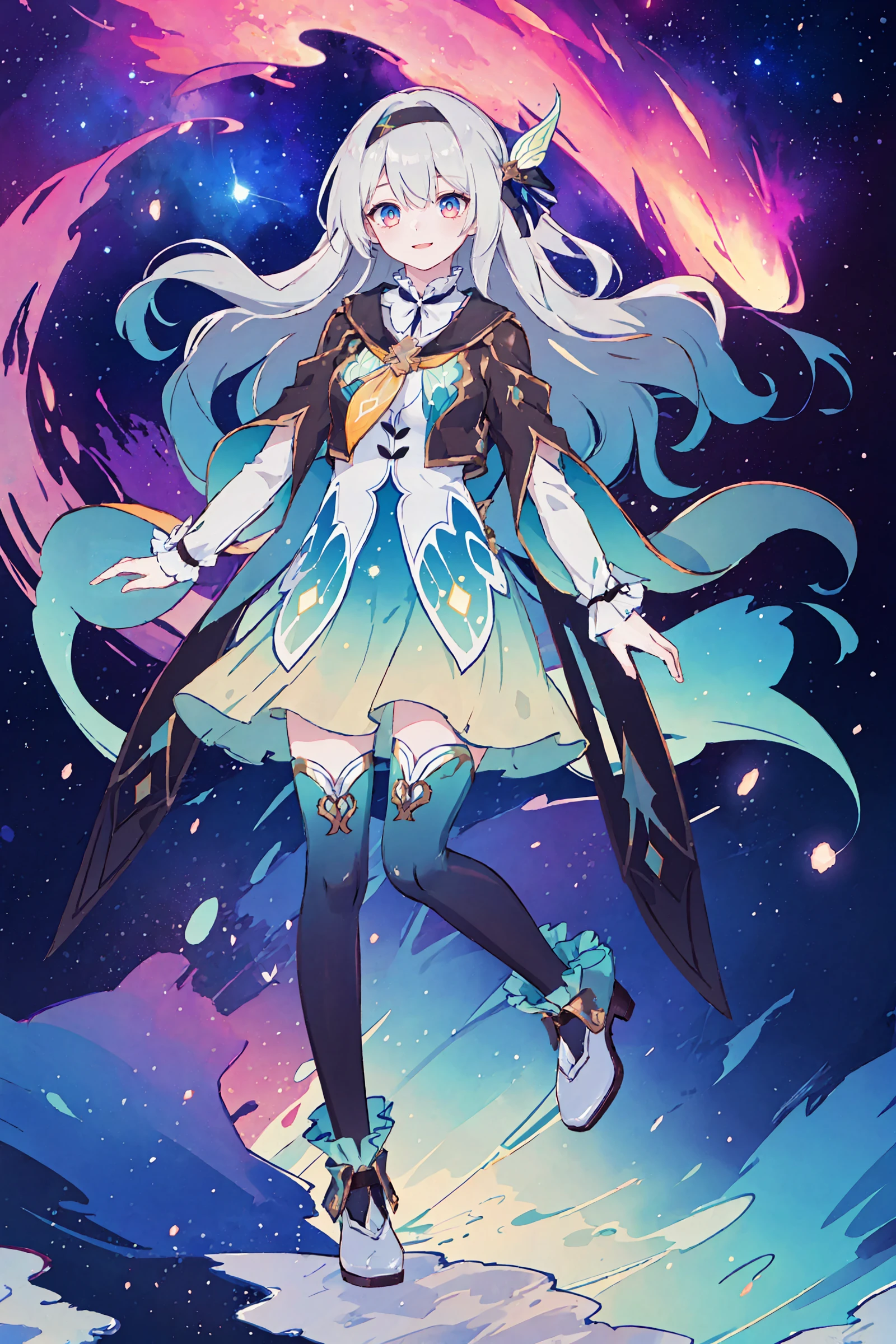 1girl, firefly \(honkai: star rail\), solo, black thighhighs, hairband, gradient skirt, hair ornament, blouse, frilled collar, frilled boots, cropped jacket, yellow neckerchief, full body, looking at viewer, floating, floating hair, depth of field, space, nebula, starry sky, light smile, hand in own hair