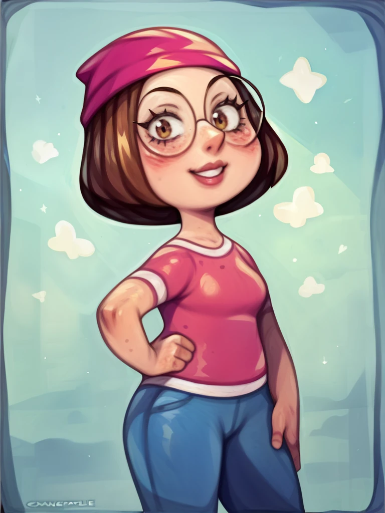 score_9_up,score_8_up,score_6,score_5,score_4,  meg, 1girl, glasses,brown hair,  solo, short hair, beanie, shirt, pink shirt, pants, round eyewear,looking at viewer, smile, toon \(style\),standing,simple background,hand on hip,cyancapsule,     <lora:megSDLXpony:0.8>