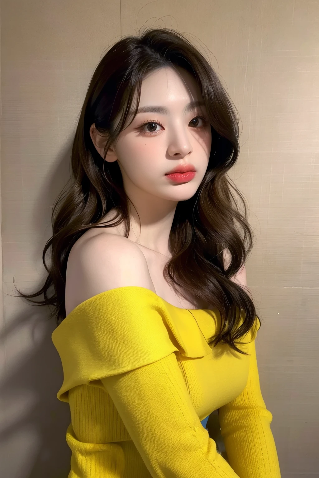 Best quality, masterpiece, ultra high res, (photorealistic:1.4), raw photo,1girl, solo, realistic, lips, looking at viewer, upper body, simple background, brown eyes, black dress, off shoulder, long wavy hair