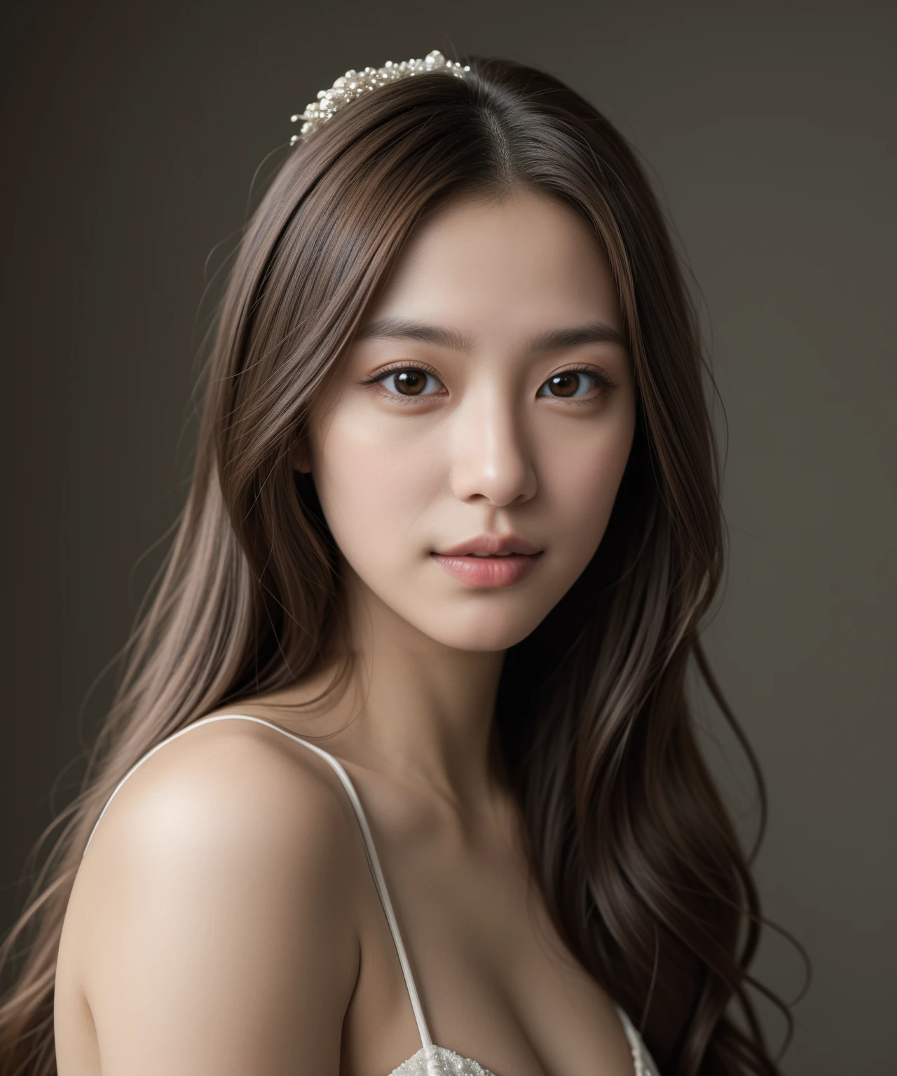 (masterpiece:1.35), (best-quality:1.4), 8k, ultra-detailed, photography, (ultra-realistic:1.4), 1girl, (portrait), (in love, in love expression:0.7), looking at viewer, (brown eyes:1.2), (long hair), deep v wedding dress, simple background, (balanced photo, balanced exposure:1.2),