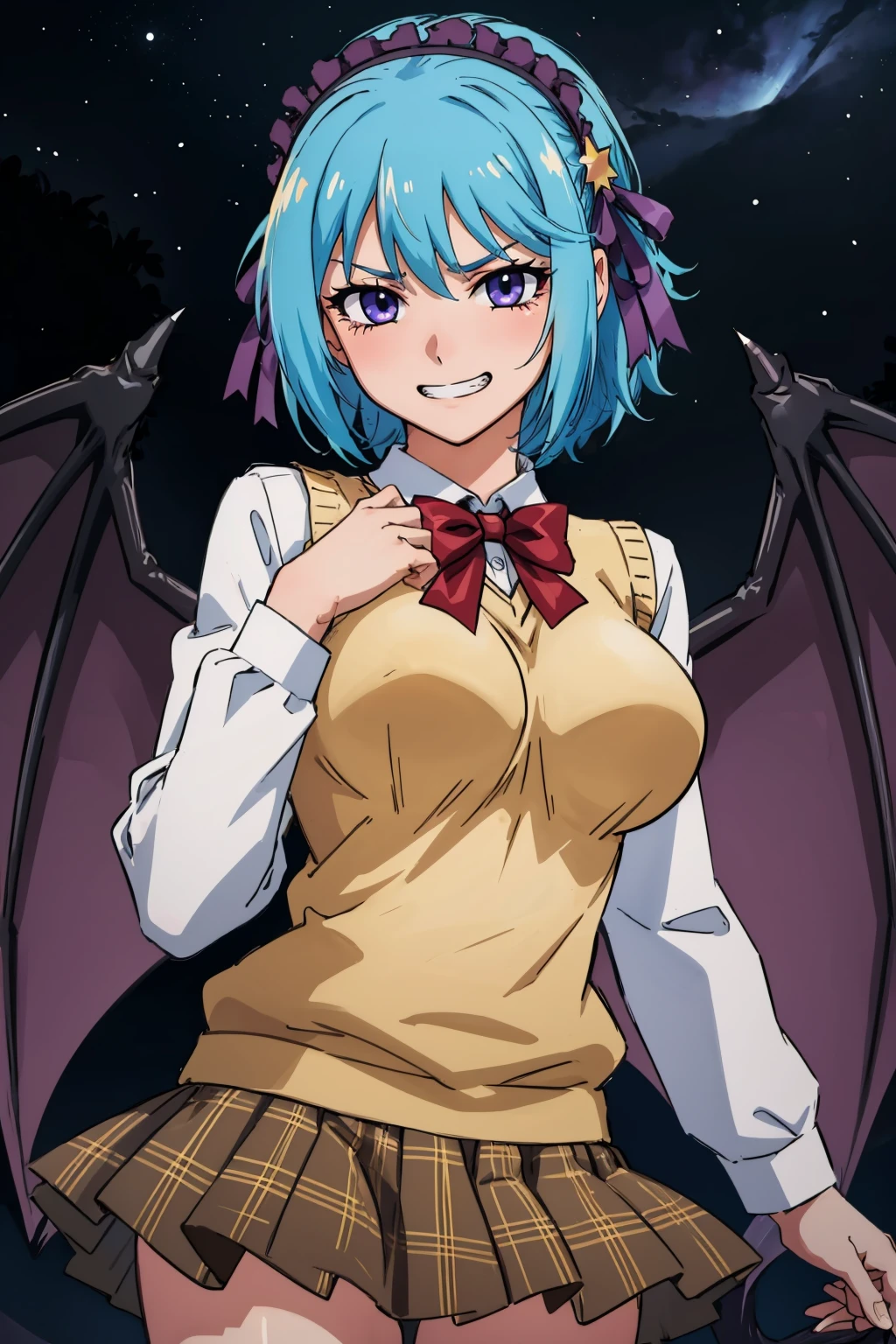 masterpiece, best quality, <lora:kuronokurumu-nvwls-v1-000009:0.9 > kurono kurumu, hairband, hair ornament, yellow sweater vest, red bowtie, white shirt, long sleeves, plaid skirt, large breasts, looking at viewer, furrowed brow, demon wings, evil grin, night sky, black background