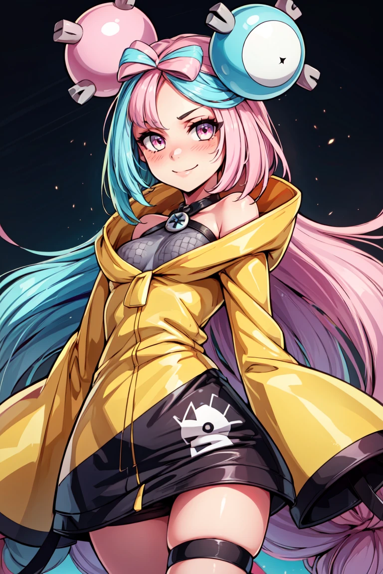 ((masterpiece,best quality)), absurdres, <lora:Iono_Pokemon_v2:0.8>, iono (pokemon), solo, 1girl, long hair, pink eyes, blue hair, pink hair, light blue hair, multicolored hair, bow-shaped hair, yellow jacket, sleeves past fingers, single leg pantyhose, thigh strap, solo, smiling, looking at viewer, cowboy shot