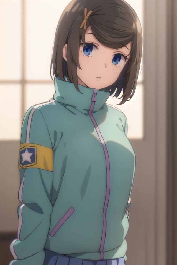 tomomihetada, <lora:tomomi hetada movie2-lora-nochekaiser:1>,
tomomi hetada, short hair, blue eyes, brown hair, hair ornament, hairclip, (swept bangs:1.5), freckles, 
BREAK jacket, track jacket, skirt, blue skirt, pleated skirt,
BREAK indoors, classroom,
BREAK looking at viewer, (cowboy shot:1.5), dynamic pose,
BREAK <lyco:GoodHands-beta2:1>, (masterpiece:1.2), best quality, high resolution, unity 8k wallpaper, (illustration:0.8), (beautiful detailed eyes:1.6), extremely detailed face, perfect lighting, extremely detailed CG, (perfect hands, perfect anatomy),