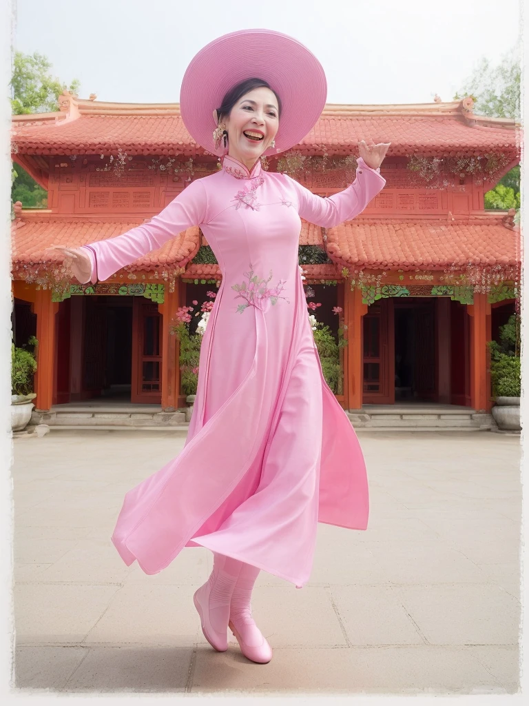 <lora:Vietnamese_disk_hat_SD15:0.8> half length, d1sk_h4t,  mature woman in a celadon ao dai, pink hat, dancing vigorously, dynamic pose, dynamic angle, action shot, laughing