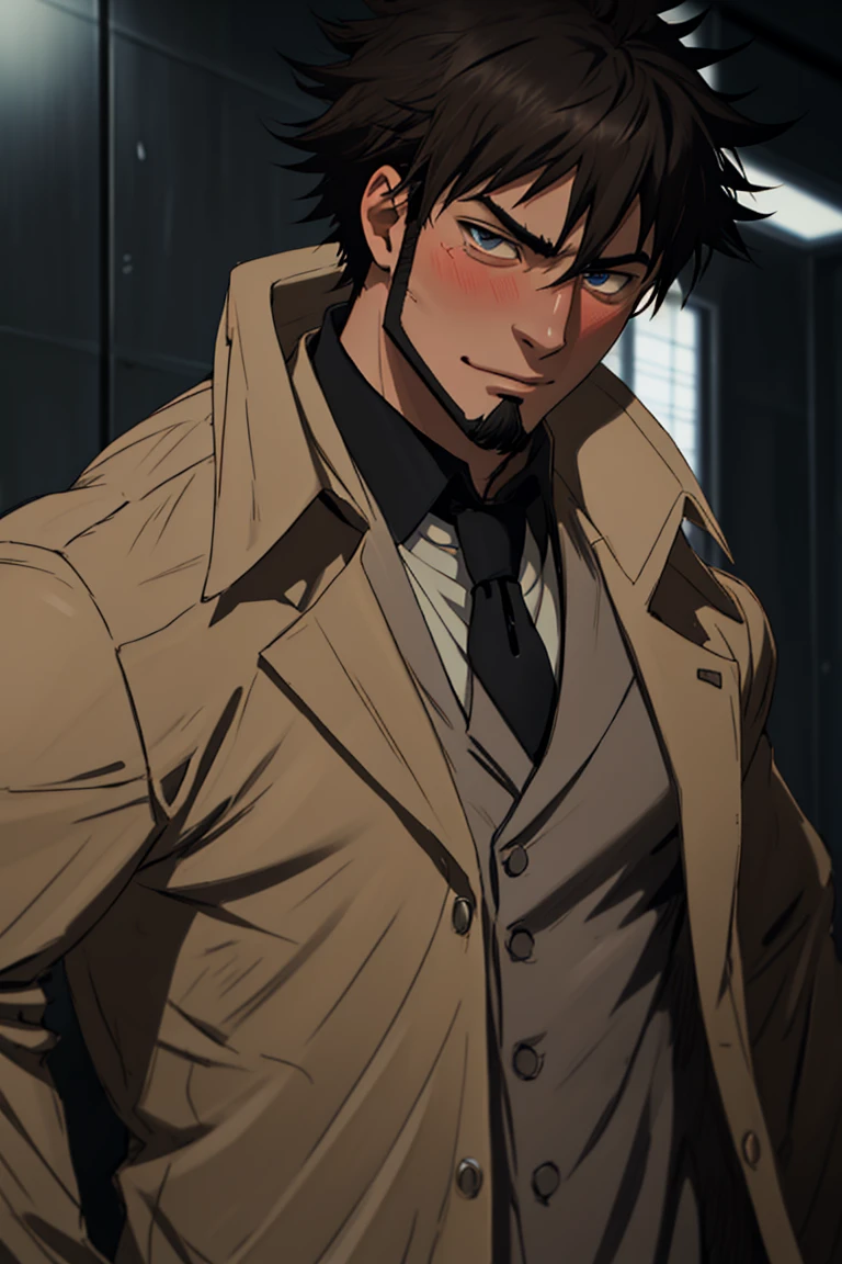 solo male, Genma Shizume, Asian, Japanese, black hair, chinstrap beard, sideburns, black eyes, calm eyes, slitty eyes, intense gaze, blush, shy, (dress in layers), 3 Piece Suit, white collared shirt, black necktie, black suit jacket, , (light brown trench coat, open trench coat:1.2), black pants, black gloves, mature, masculine, handsome, charming, allurin, smile, upper body, perfect anatomy, perfect proportions, (best quality, masterpiece, high_resolution:1.3), (perfect eyes, perfecteyes:1.3)<lora:EMS-308260-EMS:0.600000>, <lora:EMS-498-EMS:0.600000>