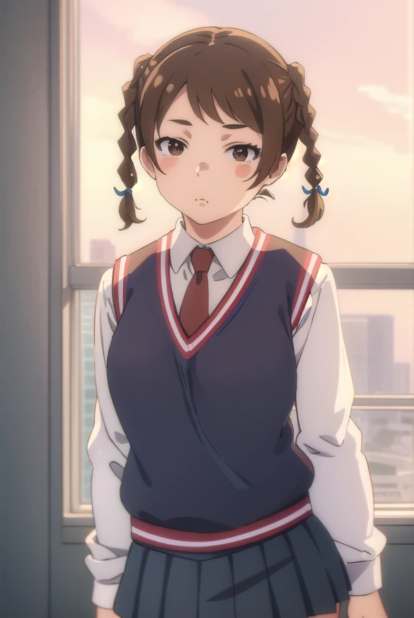 manmotoyama, <lora:man motoyama movie2-lora-nochekaiser:1>,
man motoyama, brown hair, braid, twin braids, fat, (brown eyes:1.5), blush, blush sticker,
BREAK skirt, school uniform, pleated skirt, necktie, miniskirt, red necktie, vest, sweater vest, blue sweater vest,
BREAK indoors, classroom,
BREAK looking at viewer, (cowboy shot:1.5), dynamic pose,
BREAK <lyco:GoodHands-beta2:1>, (masterpiece:1.2), best quality, high resolution, unity 8k wallpaper, (illustration:0.8), (beautiful detailed eyes:1.6), extremely detailed face, perfect lighting, extremely detailed CG, (perfect hands, perfect anatomy),