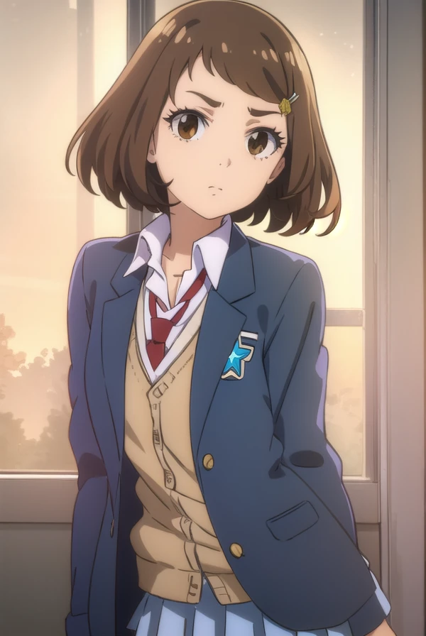 kanakoumoto, <lora:kana koumoto movie2-lora-nochekaiser:1>,
kana koumoto, short hair, brown hair, hair ornament, (brown eyes:1.5), hairclip,
BREAK skirt, school uniform, pleated skirt, necktie, miniskirt, cardigan, red necktie, brown cardigan, blazer, blue blazer,
BREAK indoors, classroom,
BREAK looking at viewer, (cowboy shot:1.5), dynamic pose,
BREAK <lyco:GoodHands-beta2:1>, (masterpiece:1.2), best quality, high resolution, unity 8k wallpaper, (illustration:0.8), (beautiful detailed eyes:1.6), extremely detailed face, perfect lighting, extremely detailed CG, (perfect hands, perfect anatomy),