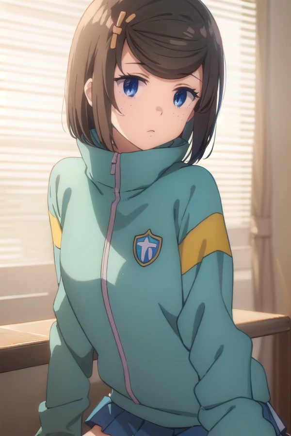 tomomihetada, <lora:tomomi hetada movie2-lora-nochekaiser:1>,
tomomi hetada, short hair, blue eyes, brown hair, hair ornament, hairclip, (swept bangs:1.5), freckles, 
BREAK jacket, track jacket, skirt, blue skirt, pleated skirt,
BREAK indoors, classroom,
BREAK looking at viewer, (cowboy shot:1.5), dynamic pose,
BREAK <lyco:GoodHands-beta2:1>, (masterpiece:1.2), best quality, high resolution, unity 8k wallpaper, (illustration:0.8), (beautiful detailed eyes:1.6), extremely detailed face, perfect lighting, extremely detailed CG, (perfect hands, perfect anatomy),