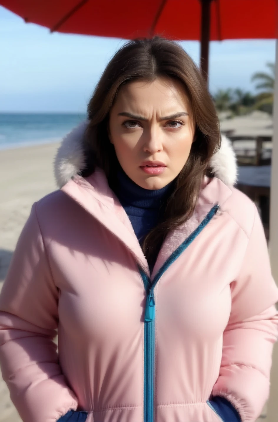tv_Irina_Wilson_MXAI_V1, angry expression, thoughtful expression, ((wearing snowsuit )), at a beach resort (((relaxed))), "epic-Ultra-HD-details", "epic-Ultra-HD-highlights", PA7_Human-Likeness, PA7_Portrait-MS