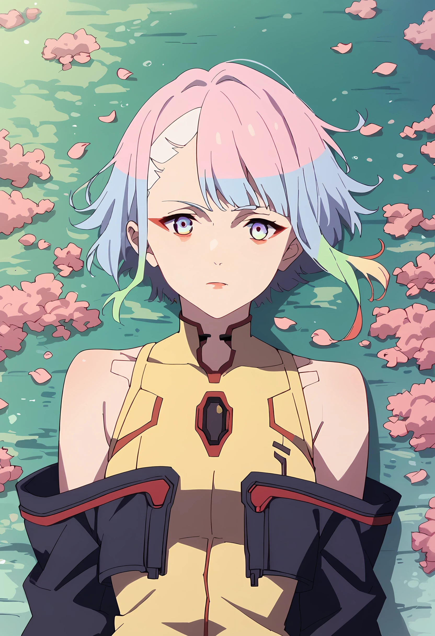 score_9, score_8_up, score_7_up, score_6_up, score_5_up, score_4_up,1girl,luc13dg3runn3r, sakura bloom,falling petals, tokyo, rainbow,  < <lora:luc13dg3runn3rXL_Pony_v1:1> short hair, bangs, multicolored hair, makeup, blue eyes,