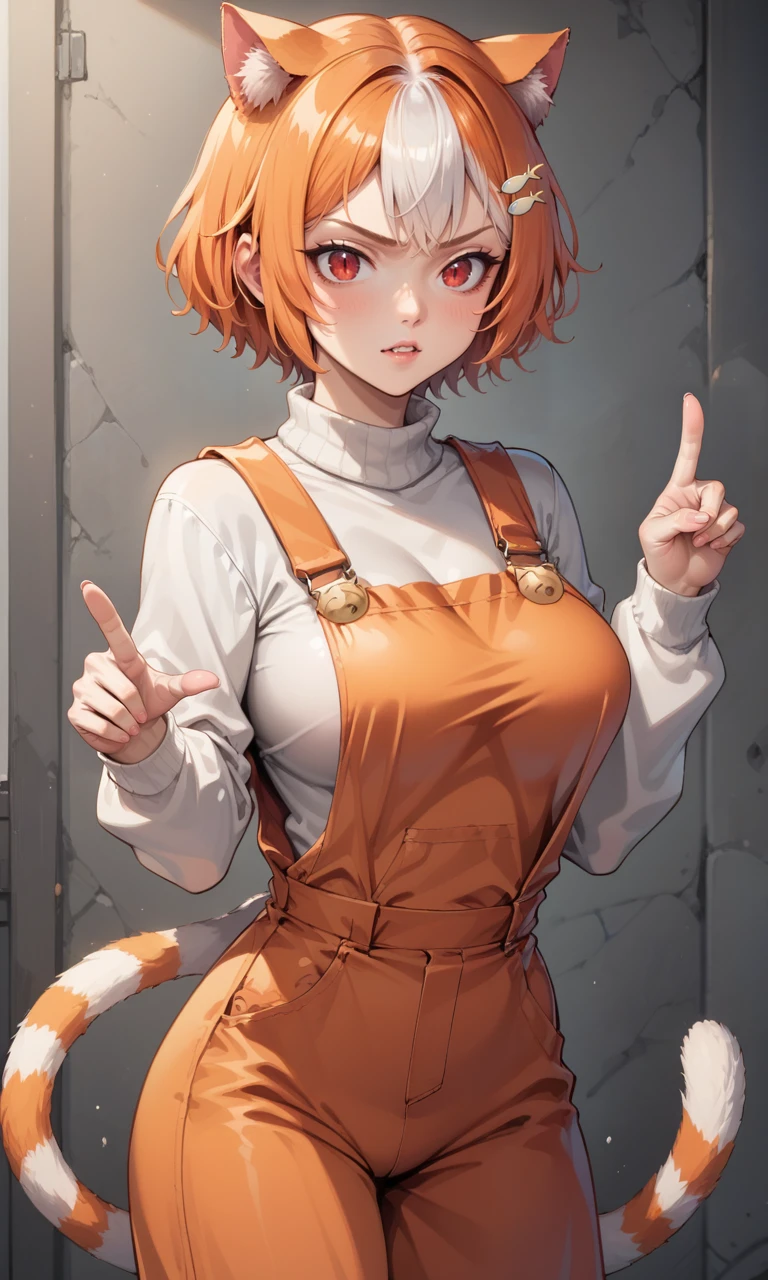 score_9, score_8_up, score_7_up, 2D, rating_explicit, source_anime,
BREAK,
Standing, pointing to something out of frame,
1girl, solo, tail, red eyes, cat tail, large breasts, cat girl, animal ear fluff, orange hair, multicolored hair, white hair, short hair, animal ears, tail, cat ears, fish hair ornament, hair ornament, hairclip, hair over ears, bangs, two-tone hair, orange overalls, overalls, white sweater, sweater, long sleeves, turtleneck, turtleneck sweater,  <lora:PonyMixMarsey:0.6>