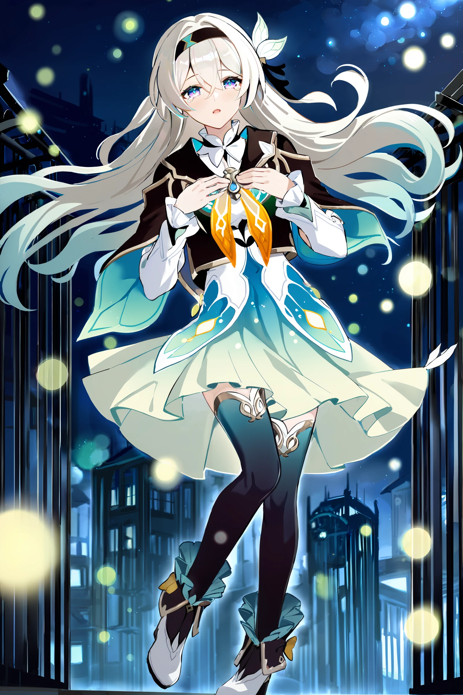 1girl, firefly \(honkai: star rail\), solo, black thighhighs, hairband, gradient skirt, hair ornament, blouse, frilled collar, frilled boots, cropped jacket, yellow neckerchief, full body, standing, floating, floating hair, depth of field, hands on own chest, crying with eyes open, bokeh, fireflies, night , masterpiece, best quality, high quality, highres, ultra-detailed, <lora:Char-HonkaiSR-Firefly-XL-V1:0.9>