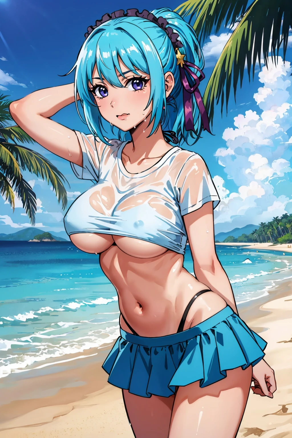 masterpiece, best quality, <lora:kuronokurumu-nvwls-v1-000009:0.8> kurono kurumu, hairband, hair ornament, large breasts, white t-shirt, midriff, black bikini bottom, underboob, wet t-shirt, beach, looking at viewer, wavy mouth, cowboy shot