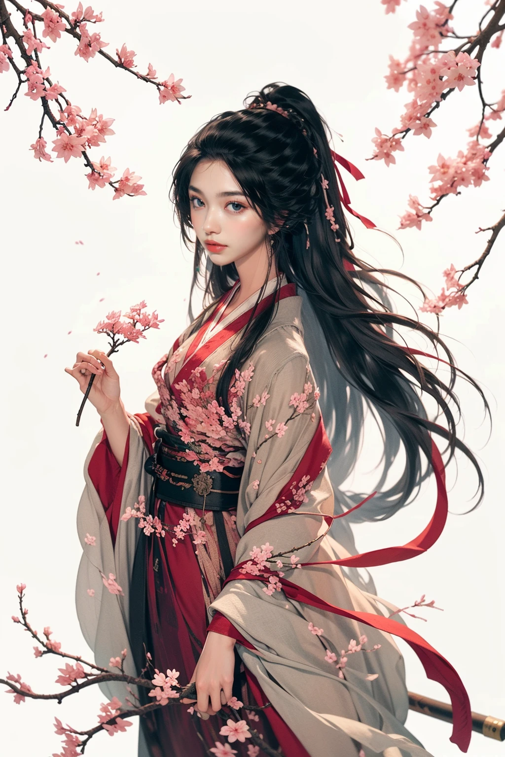 jyyv3, a woman in a kimono holding a sword and a branch of a cherry blossom tree in front of her, black hair, weapon, long hair, solo, sword, branch, 1girl, flower, hair ornament, cherry blossoms, ponytail, headband, upper body, 1boy, male focus, sheath
Best quality,masterpiece,ultra high res,<lora:jyyå¤è£
v3:0.7>,