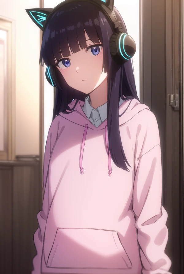 hidomihibajiri, <lora:hidomi hibajiri movie1-lora-nochekaiser:1>,
hidomi hibajiri, long hair, bangs, black hair, (purple eyes:1.1), blunt bangs,
BREAK shirt, animal ears, white shirt, collared shirt, hood, hoodie, fake animal ears, headphones, hood down, animal ear headphones, cat ear headphones, pink hoodie,
BREAK indoors,
BREAK looking at viewer, (cowboy shot:1.5), dynamic pose,
BREAK <lyco:GoodHands-beta2:1>, (masterpiece:1.2), best quality, high resolution, unity 8k wallpaper, (illustration:0.8), (beautiful detailed eyes:1.6), extremely detailed face, perfect lighting, extremely detailed CG, (perfect hands, perfect anatomy),