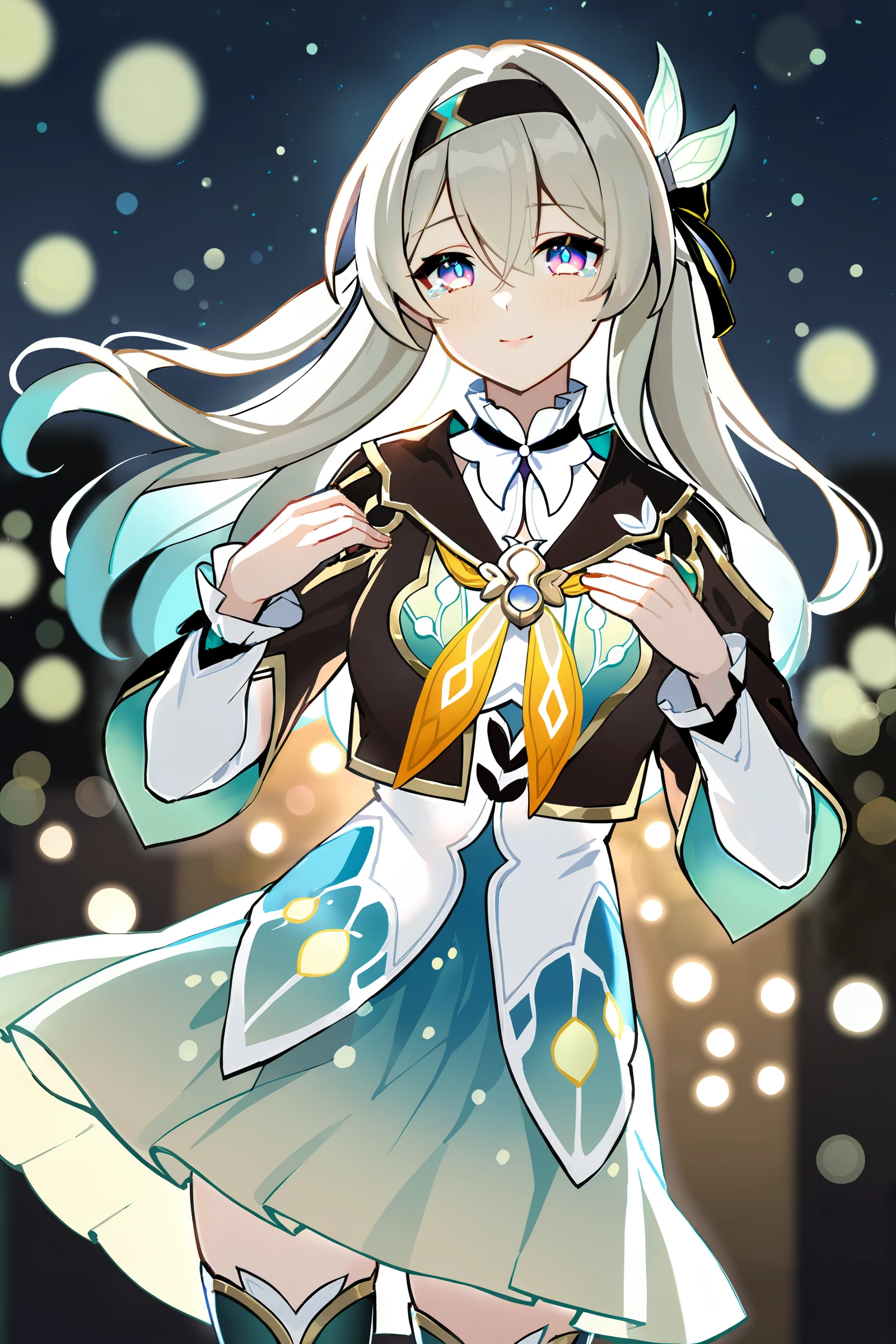 1girl, firefly \(honkai: star rail\), solo, black thighhighs, hairband, gradient skirt, hair ornament, blouse, frilled collar, cropped jacket, yellow neckerchief, cowboy shot, standing, floating hair,  depth of field, hands on own chest, crying with eyes open, light smile, bokeh, fireflies, night , masterpiece, best quality, high quality, highres, ultra-detailed, <lora:Char-HonkaiSR-Firefly-XL-V1:0.9>