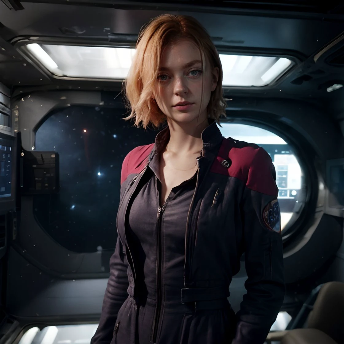 <lora:emily_coutts:1> emilycoutts
(blond hair:1.2), pulled back
<lora:uni_st_ent:0.8> ent_uni, blue jumpsuit, zipper, red shoulders, on a spaceship bridge