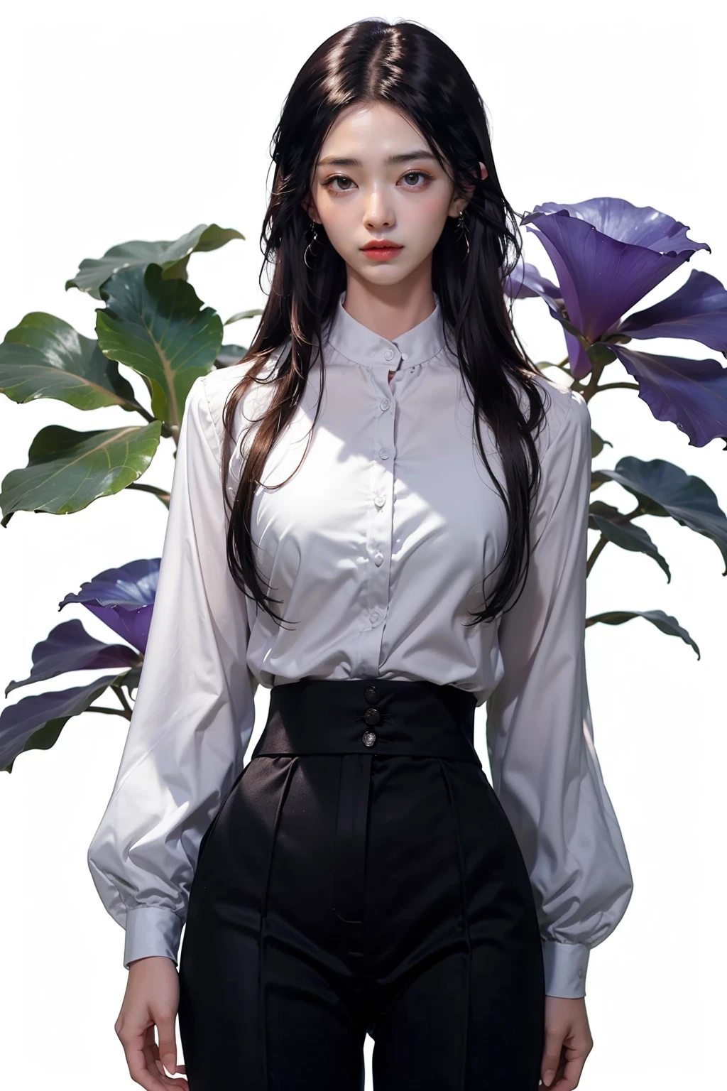 jyyv3, a woman with long hair and a purple dress is standing in front of a white background with blue flowers, long hair, solo, 1girl, black hair, flower, white pants, high-waist pants, jewelry, shirt, earrings, white background, long sleeves, pants, cowboy shot, puffy long sleeves, shirt tucked in, purple flower, closed mouth, simple background, floral background, puffy sleeves, blue eyes, looking away
Best quality,masterpiece,ultra high res,<lora:jyyå¤è£
v3:0.7>,
