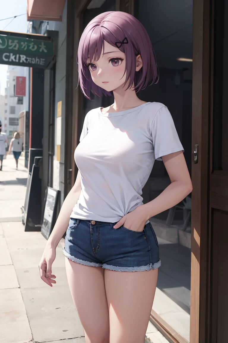 masterpiece, best quality, absurdres, 1girl, solo, JunkoKaname, short hair, hair ornament, t-shirt, denim shorts, standing, outdoors, city, hands in pockets, <lora:CHAR-JunkoKaname:1>