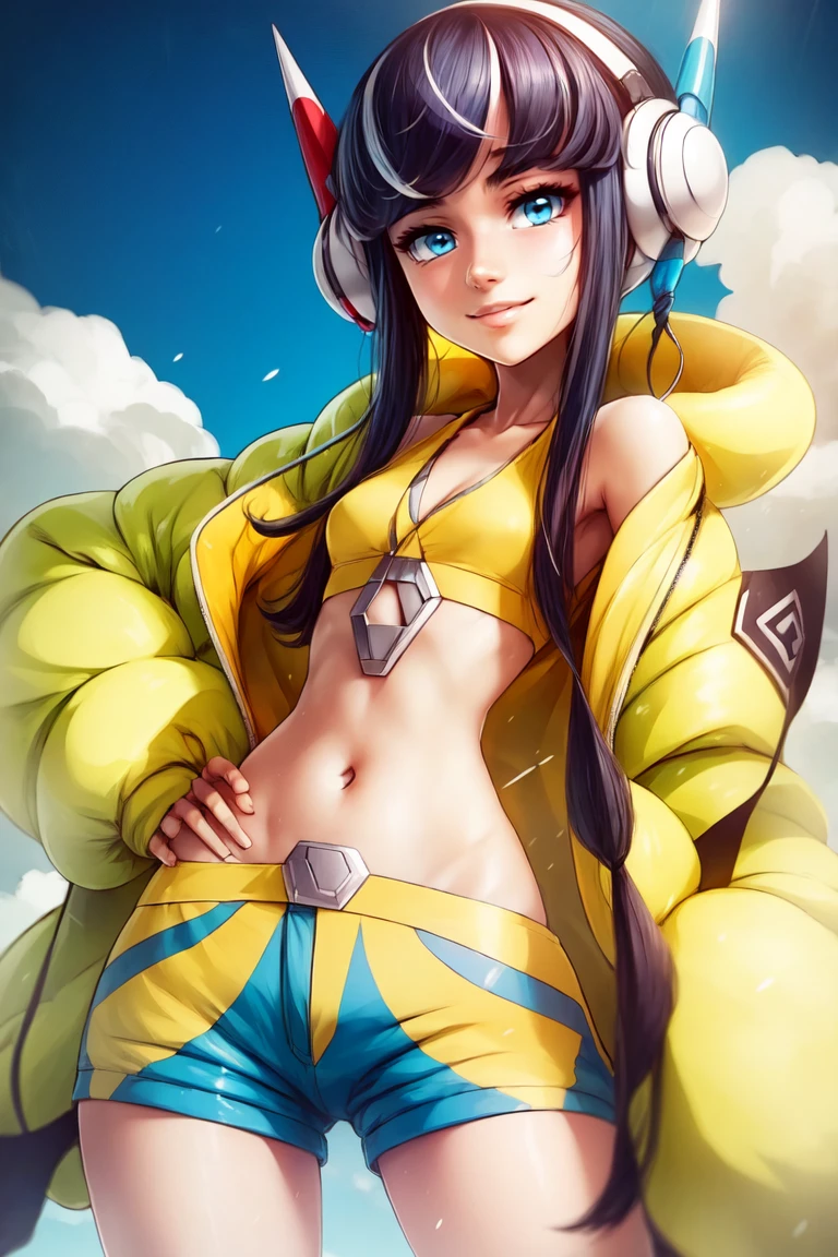 <lora:more_details:0.5>, ((masterpiece, best quality)), anime style, <lora:Elesa_Pokemon_v2:0.8>, elesa (pokemon), black hair, streaked hair, long sidelocks, blunt bangs,   headphones, pokemon bw2,  yellow jacket, puffy jacket, crop top, yellow and blue shorts,  solo, smile, looking at viewer, cowboy shot, ,