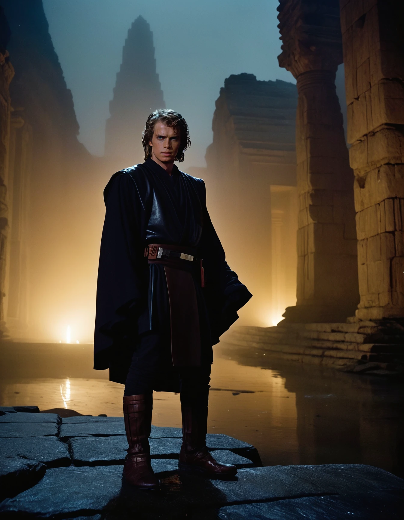 stunning award winning photo of anak1n man ,j3di outfit,dynamic pose,film grain,volumetric fog,anamorphic,distorted lens,chromatic aberration,night,eerie,volumetric lighting,cinematic,epic composition,ancient ruins of a jedi temple in background,raining