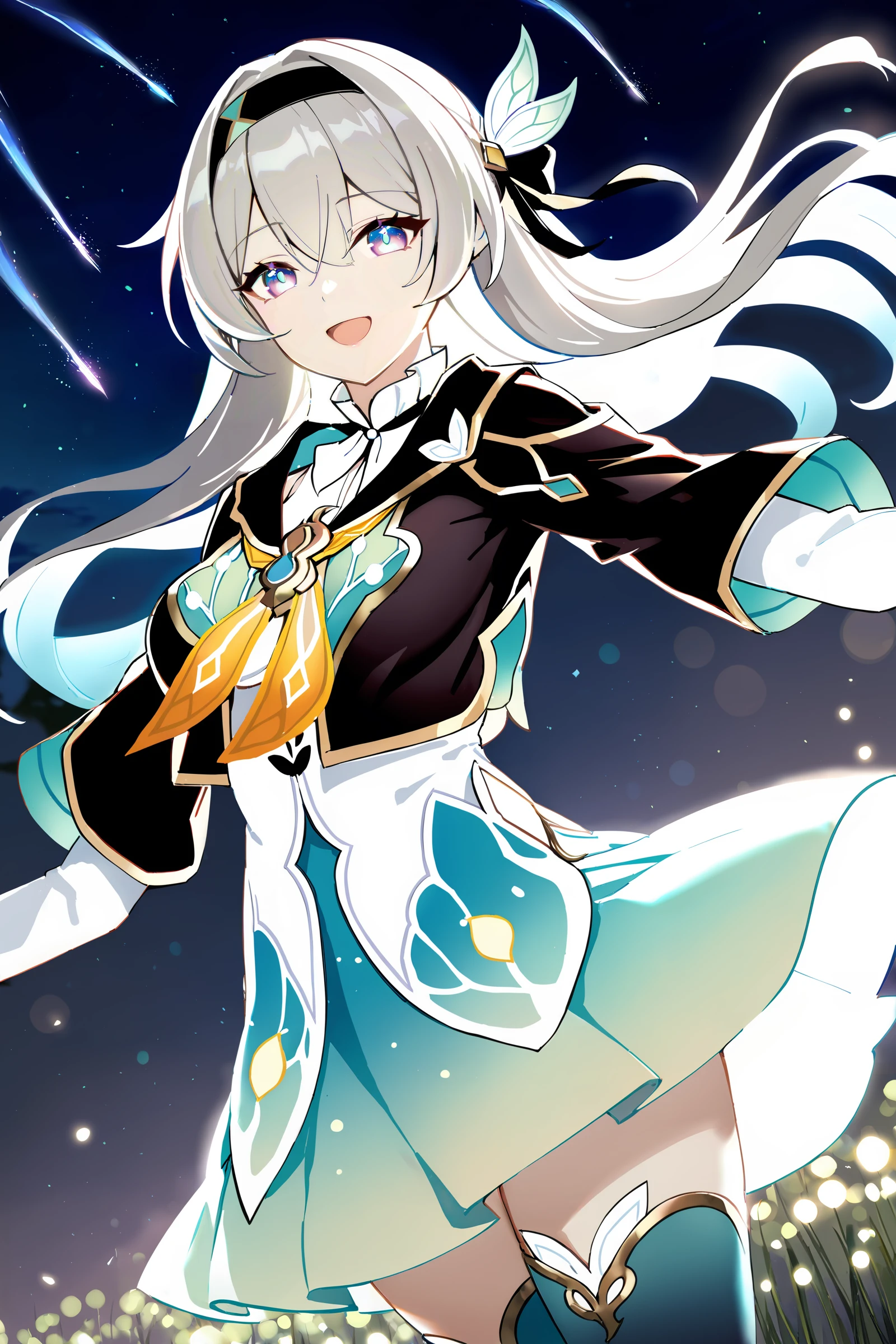 1girl, firefly \(honkai: star rail\), solo, black thighhighs, hairband, gradient skirt, hair ornament, blouse, frilled collar, cropped jacket, yellow neckerchief, cowboy shot, night, floating hair, depth of field, smile, open mouth, fireflies, bokeh, meadow, shooting star , masterpiece, best quality, high quality, highres, ultra-detailed, <lora:Char-HonkaiSR-Firefly-XL-V1:0.9>