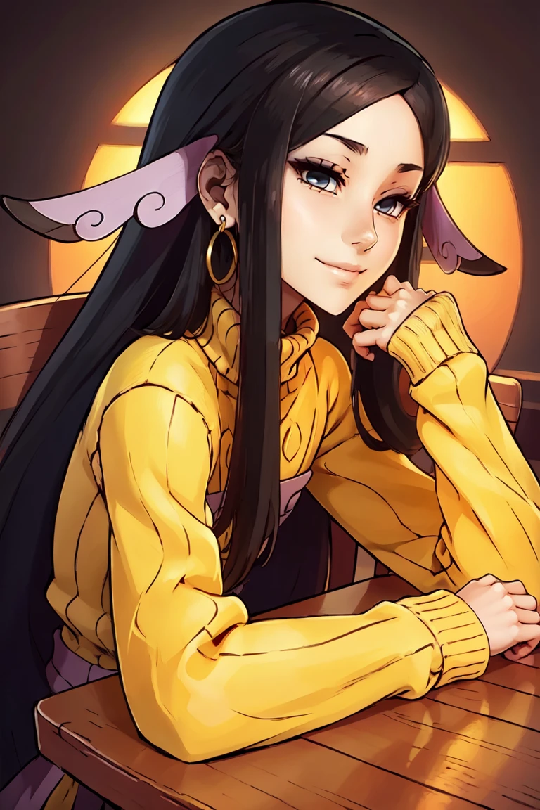 ((masterpiece, best quality)), anime style, <lora:Valerie_Pokemon_v2:0.8>, valerie (pokemon), long hair, black hair, black eyes, parted bangs, eyeshadow, hair ornament, solo, smile, looking at viewer, cowboy shot,, turtleneck sweater, earrings, library, cup of coffee, sitting at table