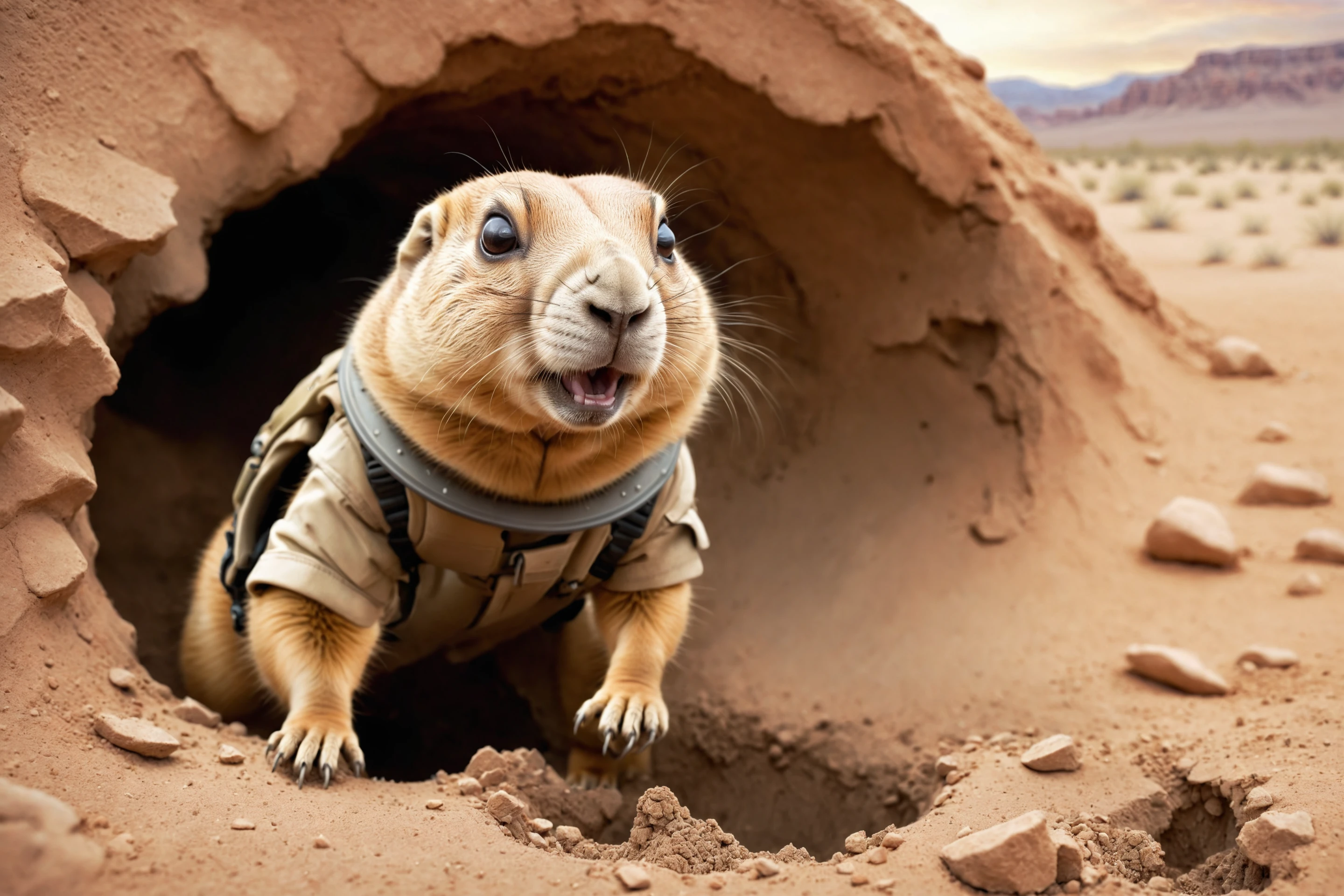 adorable concept illustration of an anthropomorphic bipedal prairie dog wearing adventurer gear, popping head out of hole in the ground, soft lighting, gentle texture, dreamy atmosphere, pastel tones, matte finish, detailed background, desert (oasis:1.4) background, dry cracked earth
detailed, fluffy, smooth, digital art, sharp focus
photo photograph photographic photography realistic photorealistic hyperrealistic