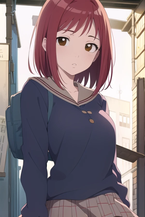 mamimisamejima, <lora:mamimi samejima ova1-lora-nochekaiser:1>,
mamimi samejima, short hair, (brown eyes:1.5), red hair,
BREAK skirt, school uniform, serafuku, sweater, plaid, plaid skirt, long sleeves,
BREAK outdoors,
BREAK looking at viewer, (cowboy shot:1.5), dynamic pose,
BREAK <lyco:GoodHands-beta2:1>, (masterpiece:1.2), best quality, high resolution, unity 8k wallpaper, (illustration:0.8), (beautiful detailed eyes:1.6), extremely detailed face, perfect lighting, extremely detailed CG, (perfect hands, perfect anatomy),